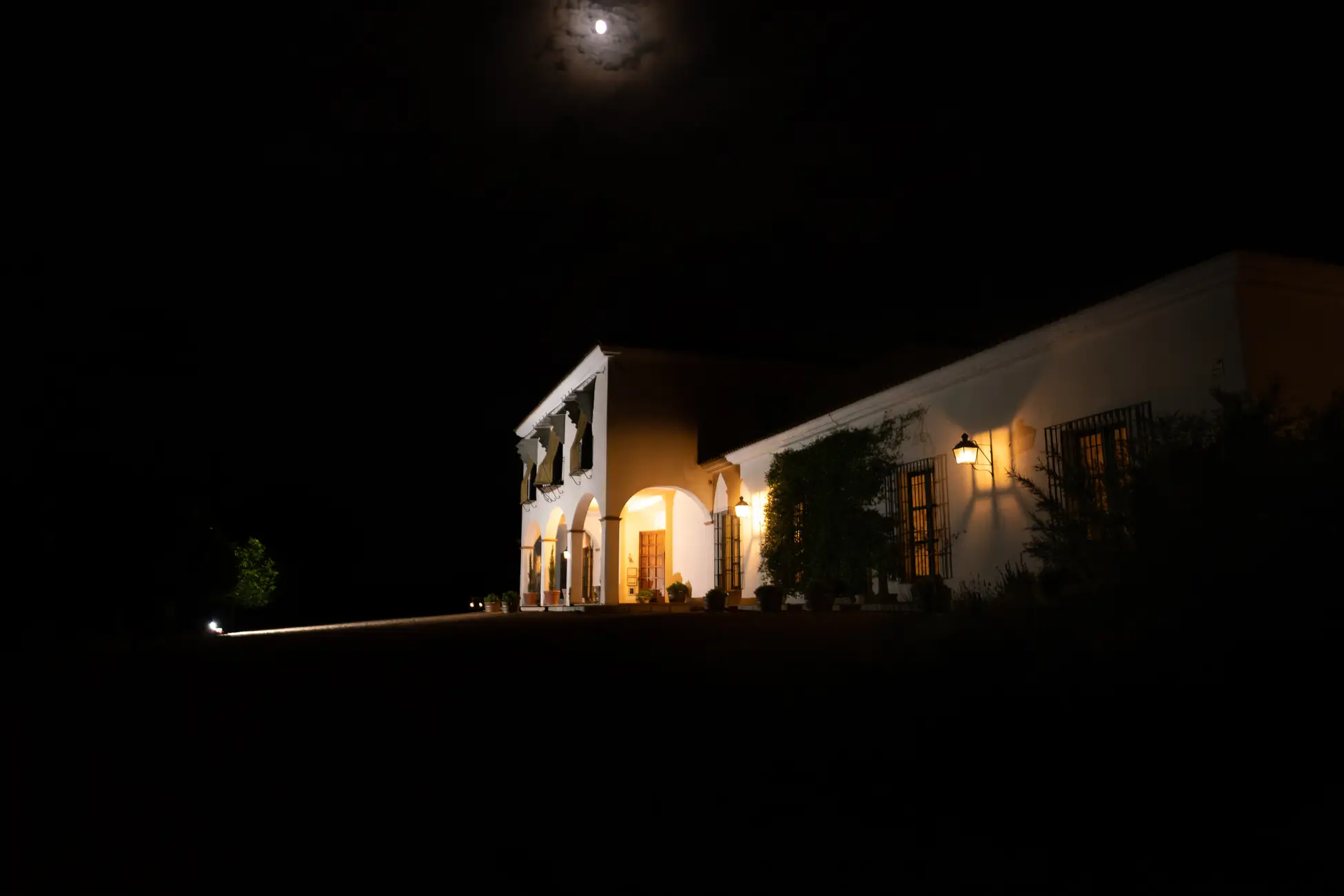 Bodega Valdealto iluminada de noche bajo la luna