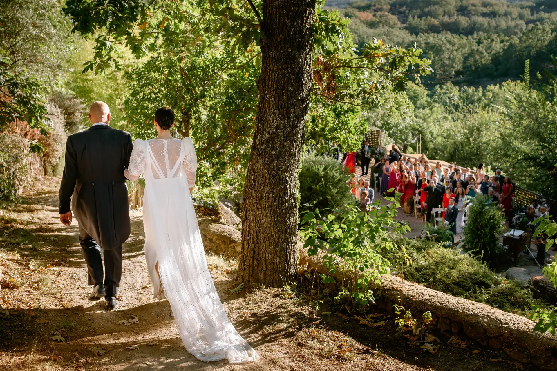 Los novios caminan hacia la ceremonia entre árboles con los invitados esperando al fondo