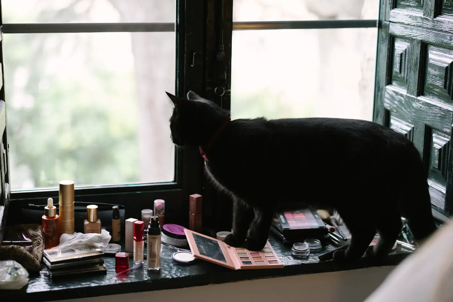 Un gato negro entre el maquillaje junto a la ventana, en el Parador de Jarandilla