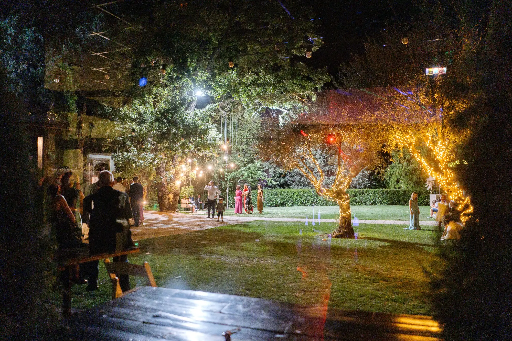 El jardín del hotel de noche, con los árboles iluminados, en el Hotel Ruta Imperial de Jarandilla