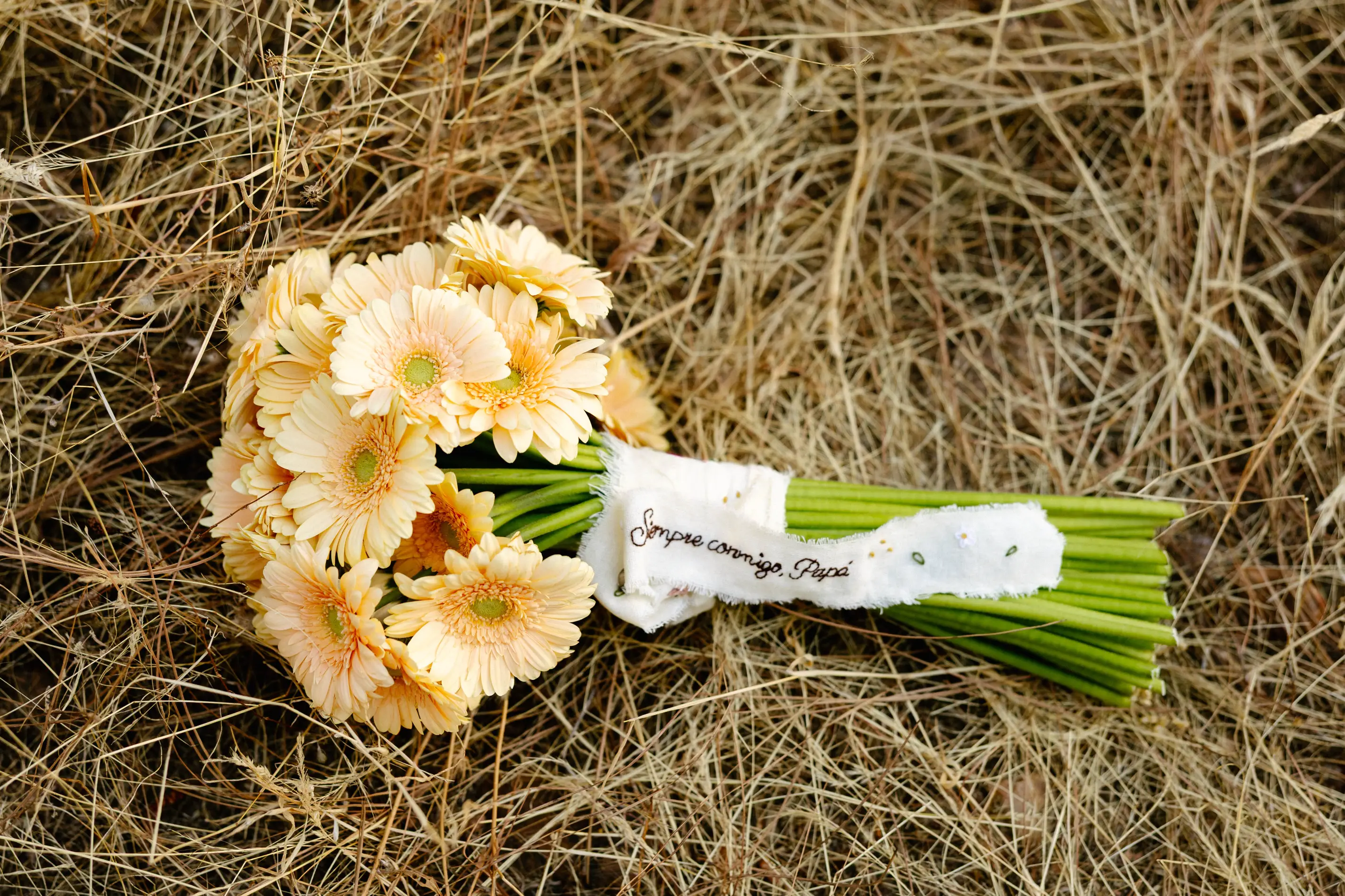 Ramo de gerberas de la novia sobre la hierba seca, en Badajoz