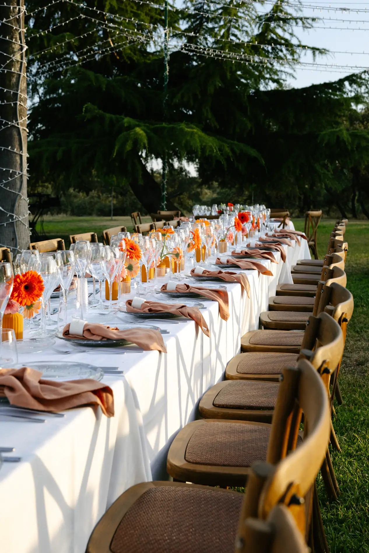 Banquete preparado en el jardín bajo los árboles de Casa Colorada