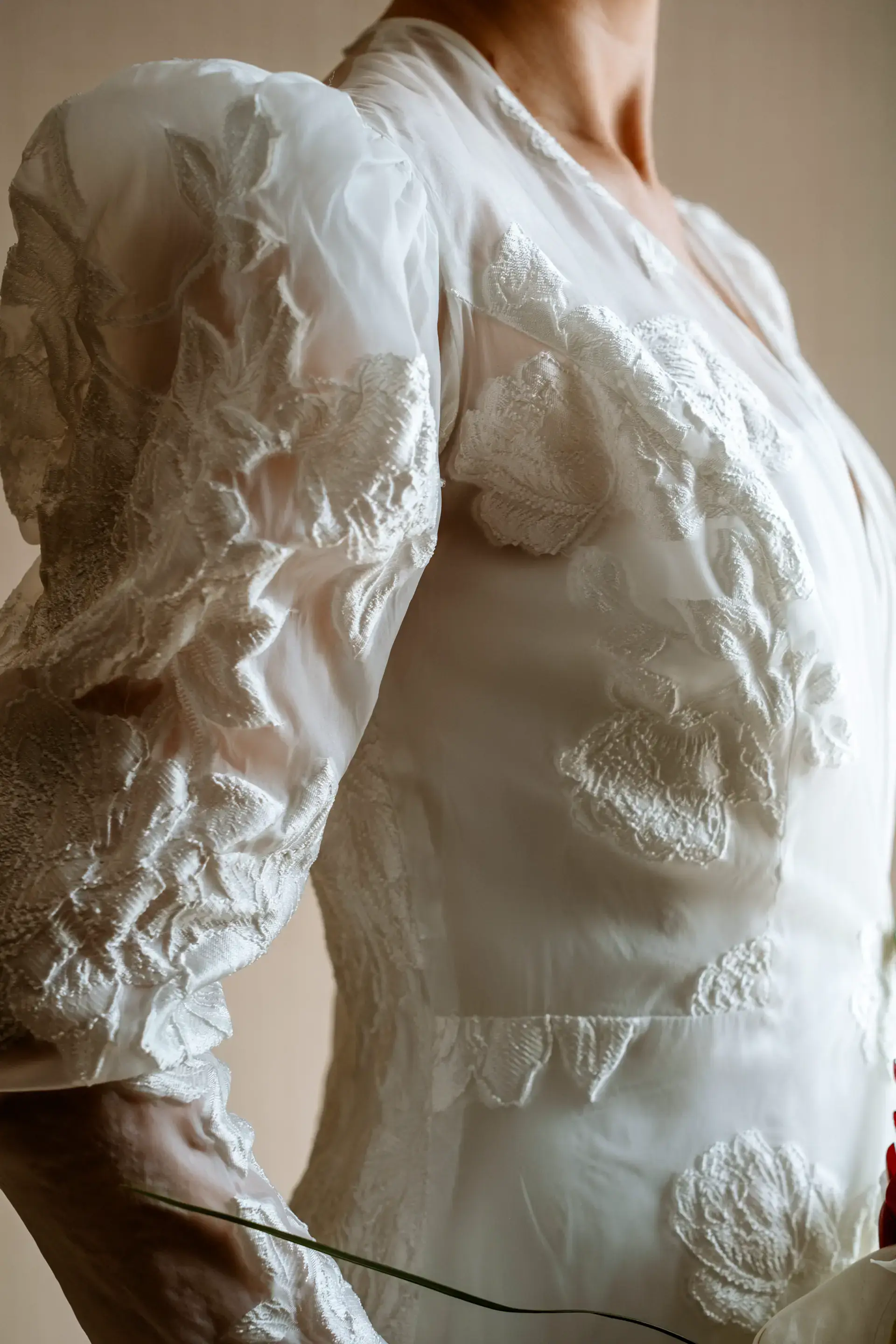Detalle del bordado del vestido de la novia, en Cáceres