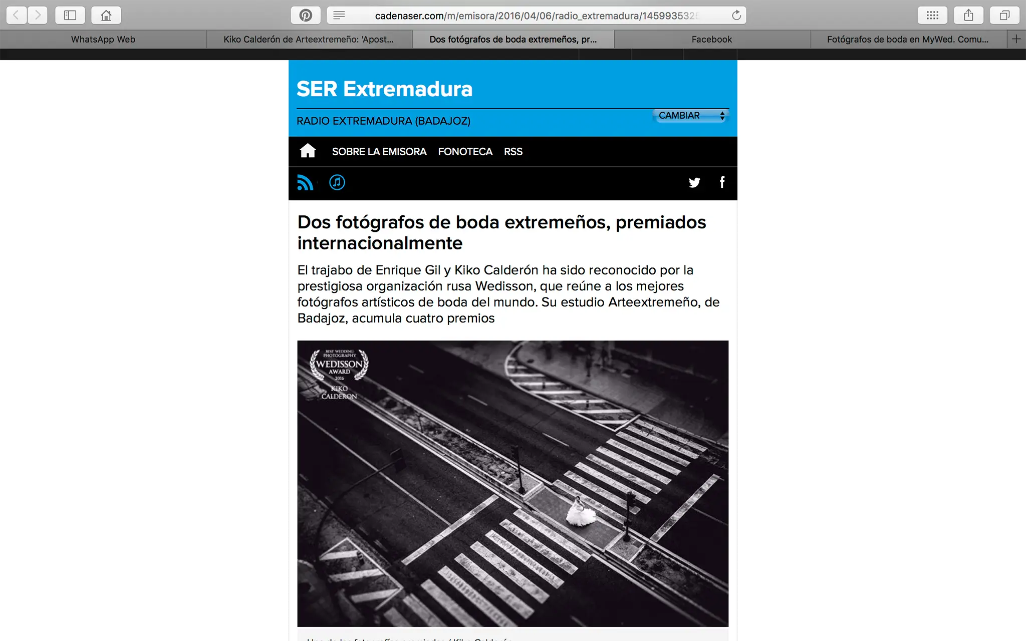 Noticia de SER Extremadura sobre el premio internacional de Enrique Gil y Kiko Calderón