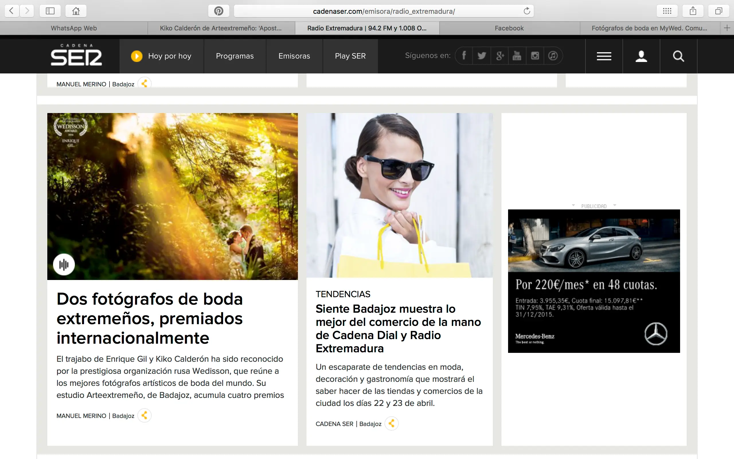 Noticia de la Cadena SER: dos fotógrafos de boda extremeños, premiados internacionalmente