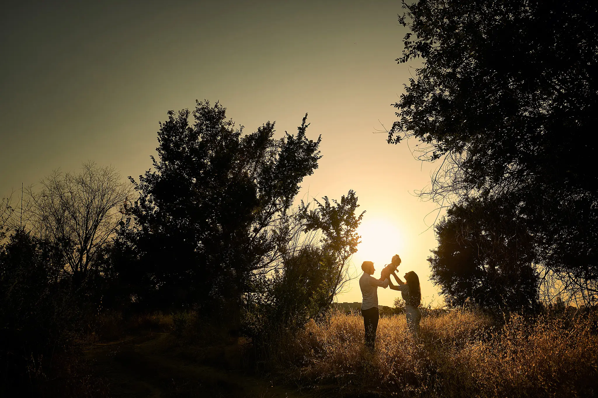 Silueta de una familia al atardecer entre los árboles
