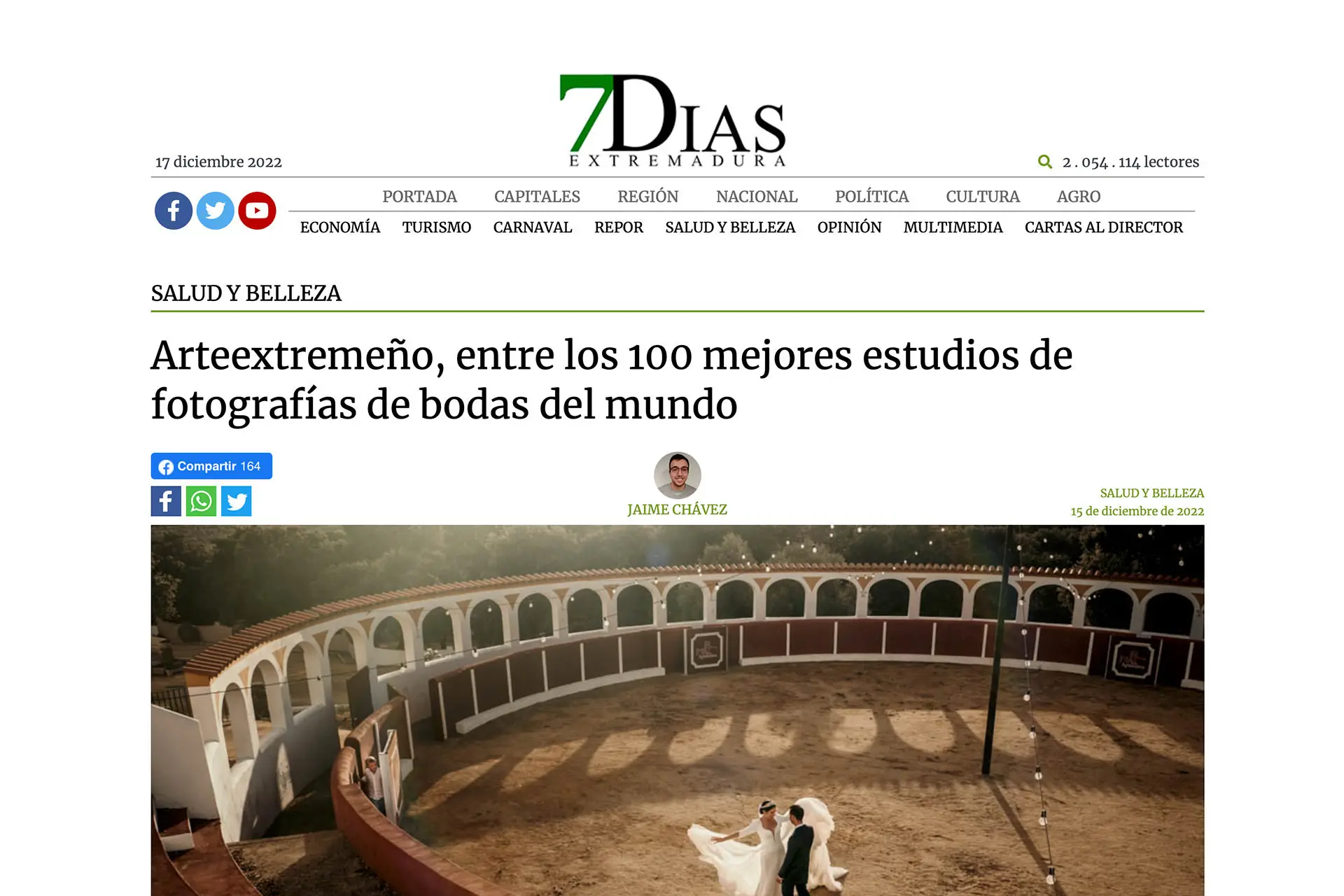 Noticia del periódico 7 Días: Arteextremeño, entre los 100 mejores estudios de fotografía de bodas del mundo