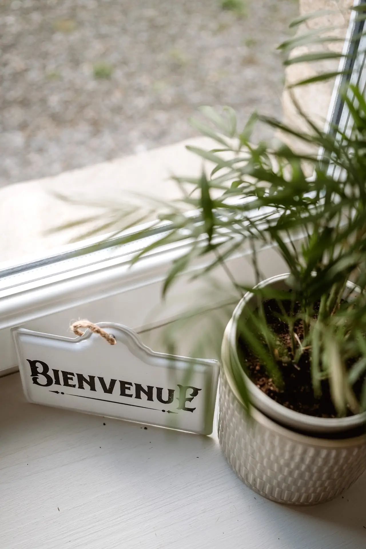 Cartel de bienvenida y una planta en la ventana de la casa rural, en su postboda en Francia