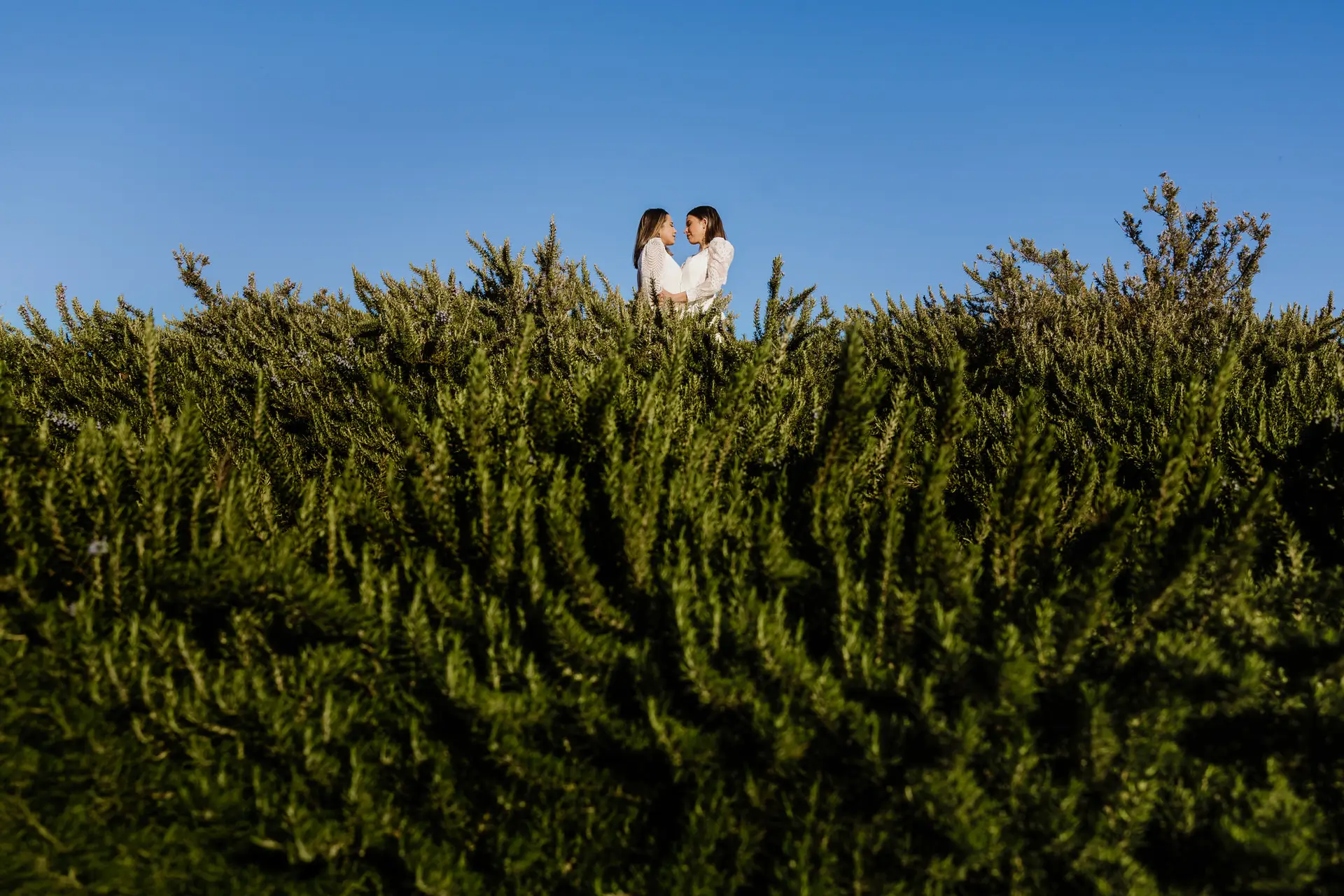 Rocío y Nines entre la vegetación bajo el cielo azul, en Badajoz