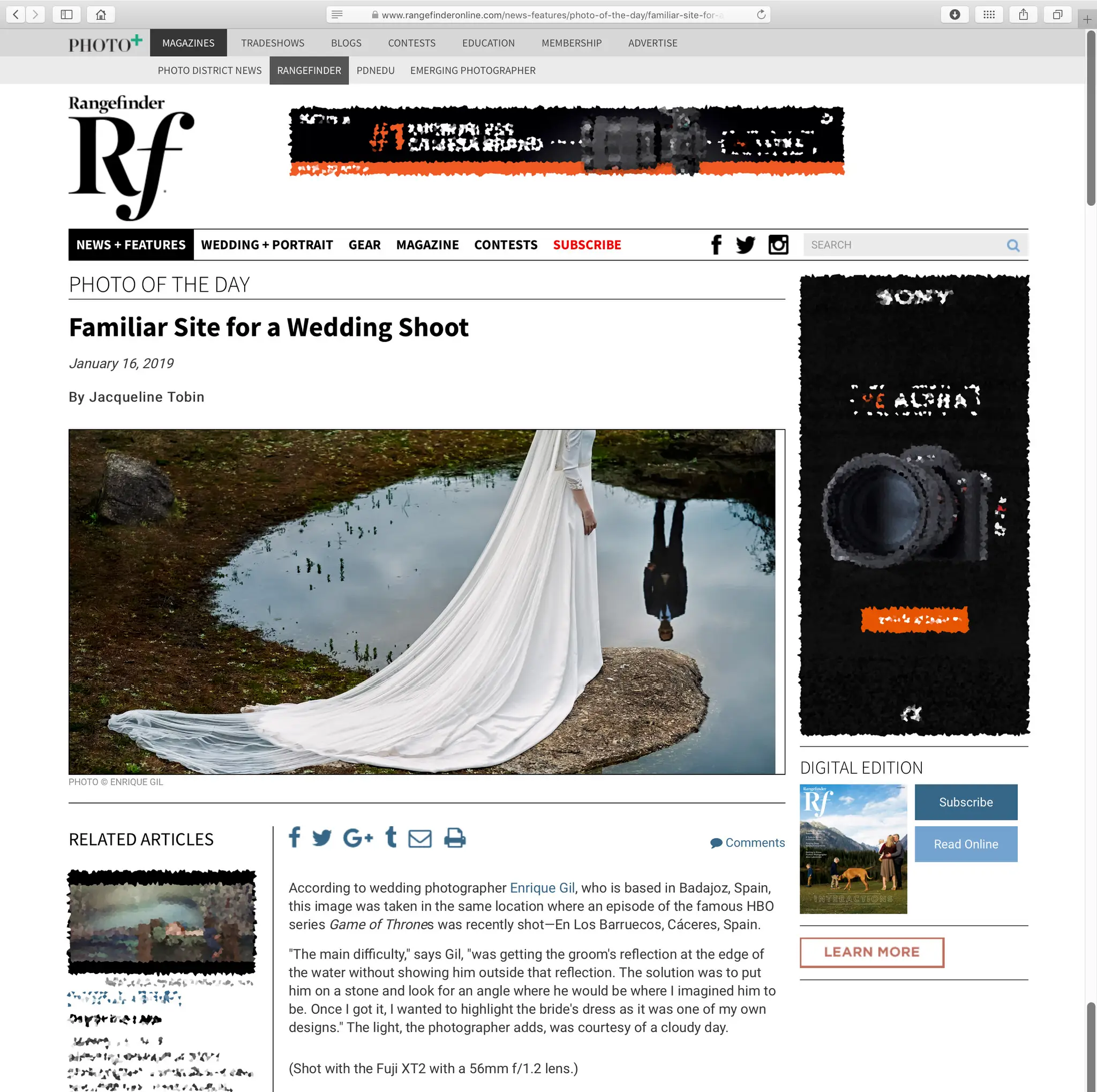 Rangefinder Magazine publica una foto de boda de Arteextremeño junto a un estanque